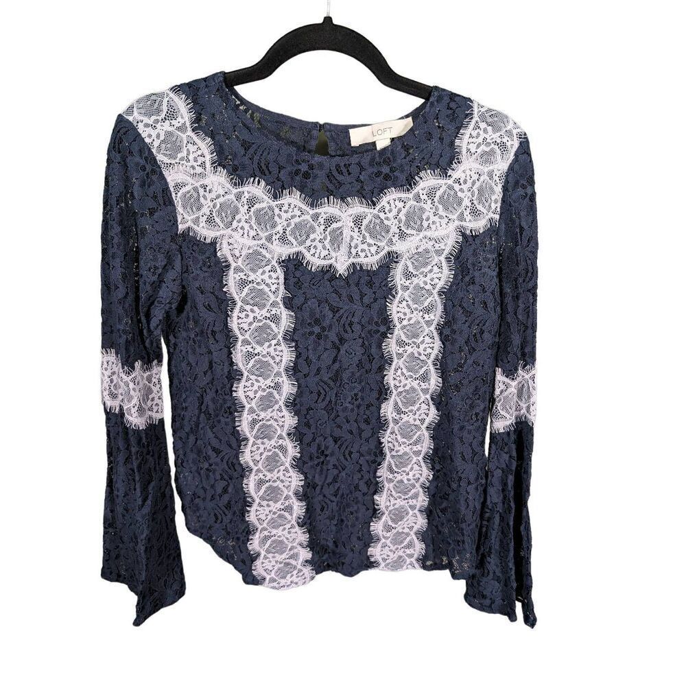 Ann Taylor Loft Blue White Lace Blouse Shirt Top Bell Sleeve Size Medium